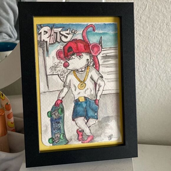 Framed Watercolor and Ink Painting “rats” - Picture 3 of 6